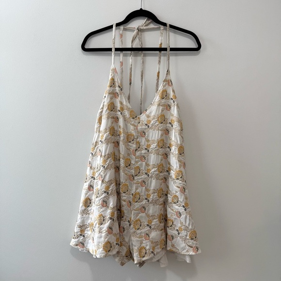 Free People Chiara Romper Cream Gold Pink Embroidered Playsuit Onsie Sz M NWT - Picture 3 of 16